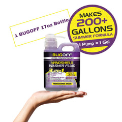 BUGOFF being sprayed on windshield demonstrating fast bug and grime removal benefit