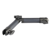 Bulletpoint front view of mounting arm showing compact locked position and stability