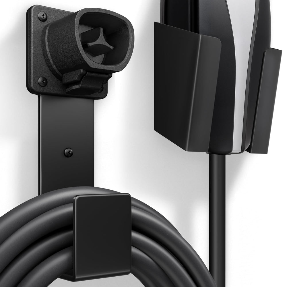 bussdis front view of Tesla charger holder showing dock and hook for neat storage