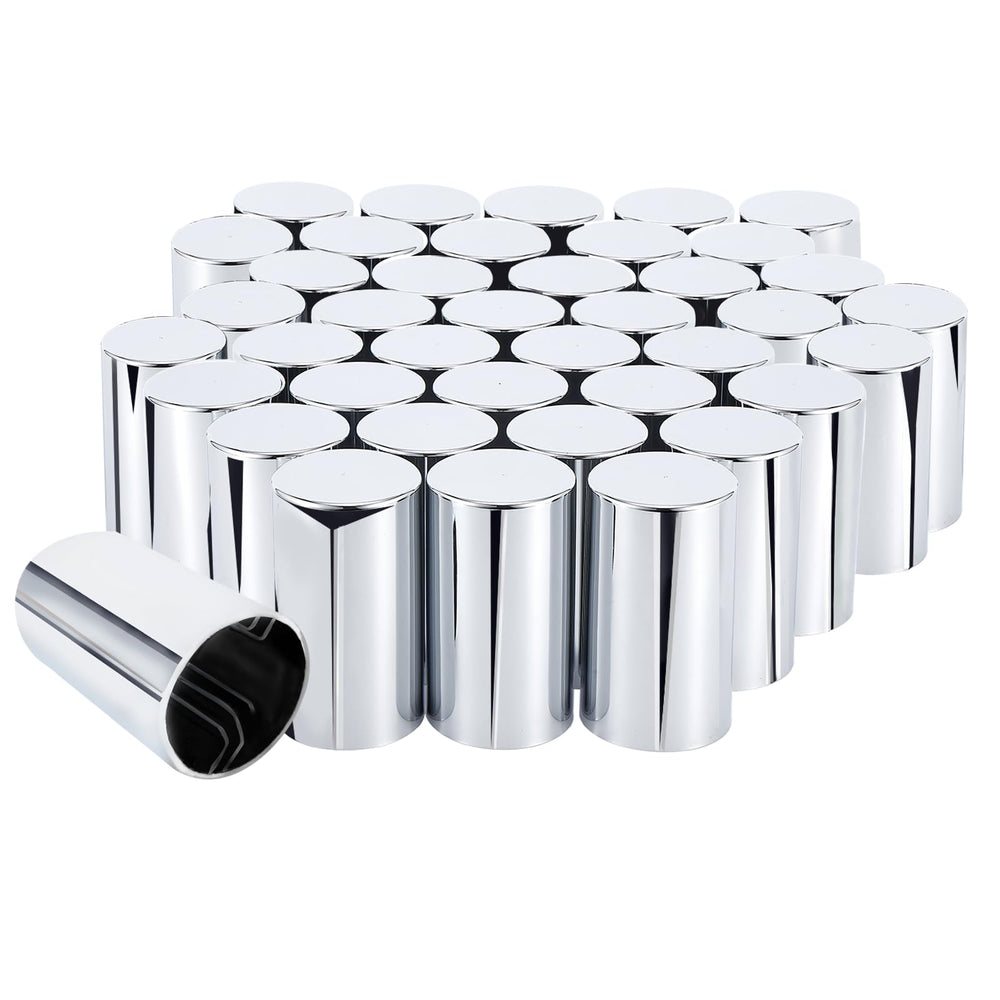Cabtherlyn front view of 40-pack lug nut covers showing polished chrome benefit