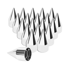 Cabtherlyn front view of 20-pack spike lug nut covers showing polished chrome benefit