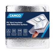 Camco vent cover front view showing fit and clean white finish for sun protection