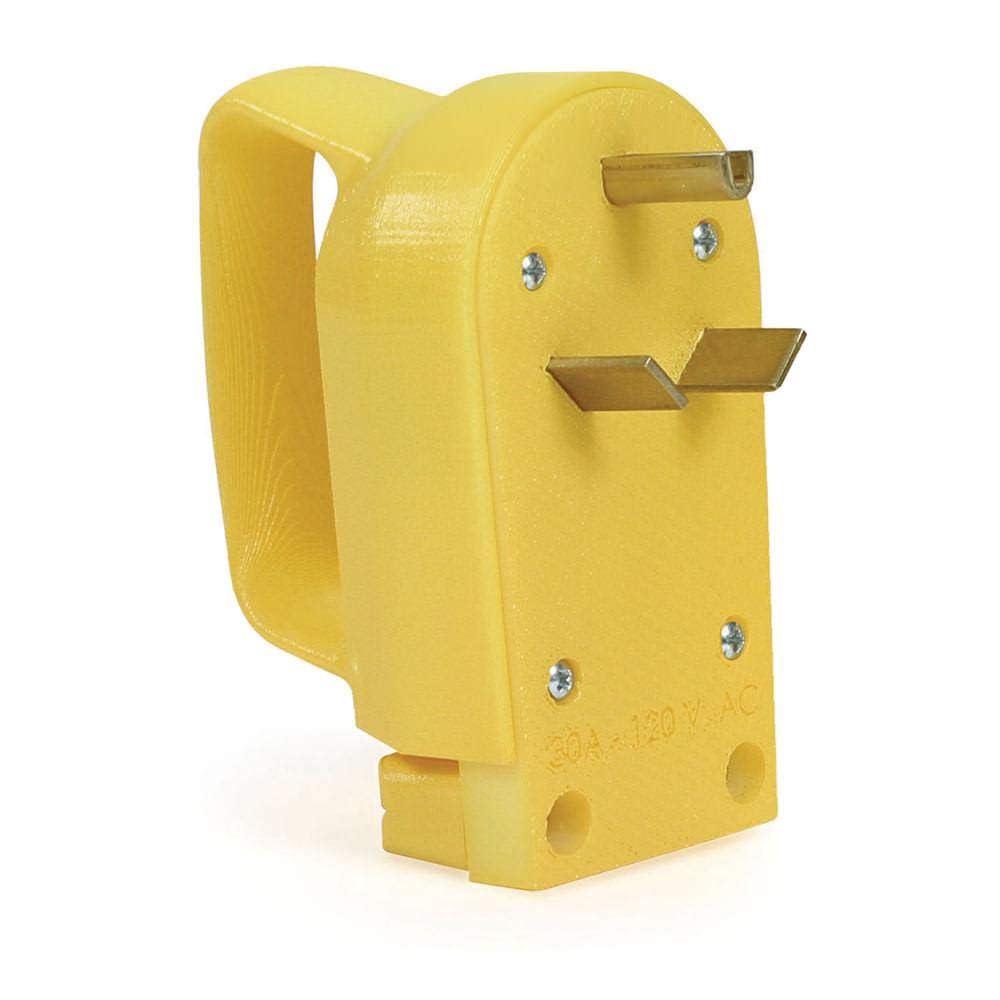 Camco 30A plug front view showing durable housing and quick identification benefit