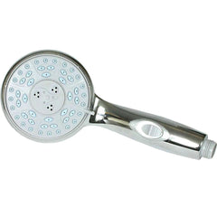 Camco chrome shower head front view showing spray face and five patterns, durable design
