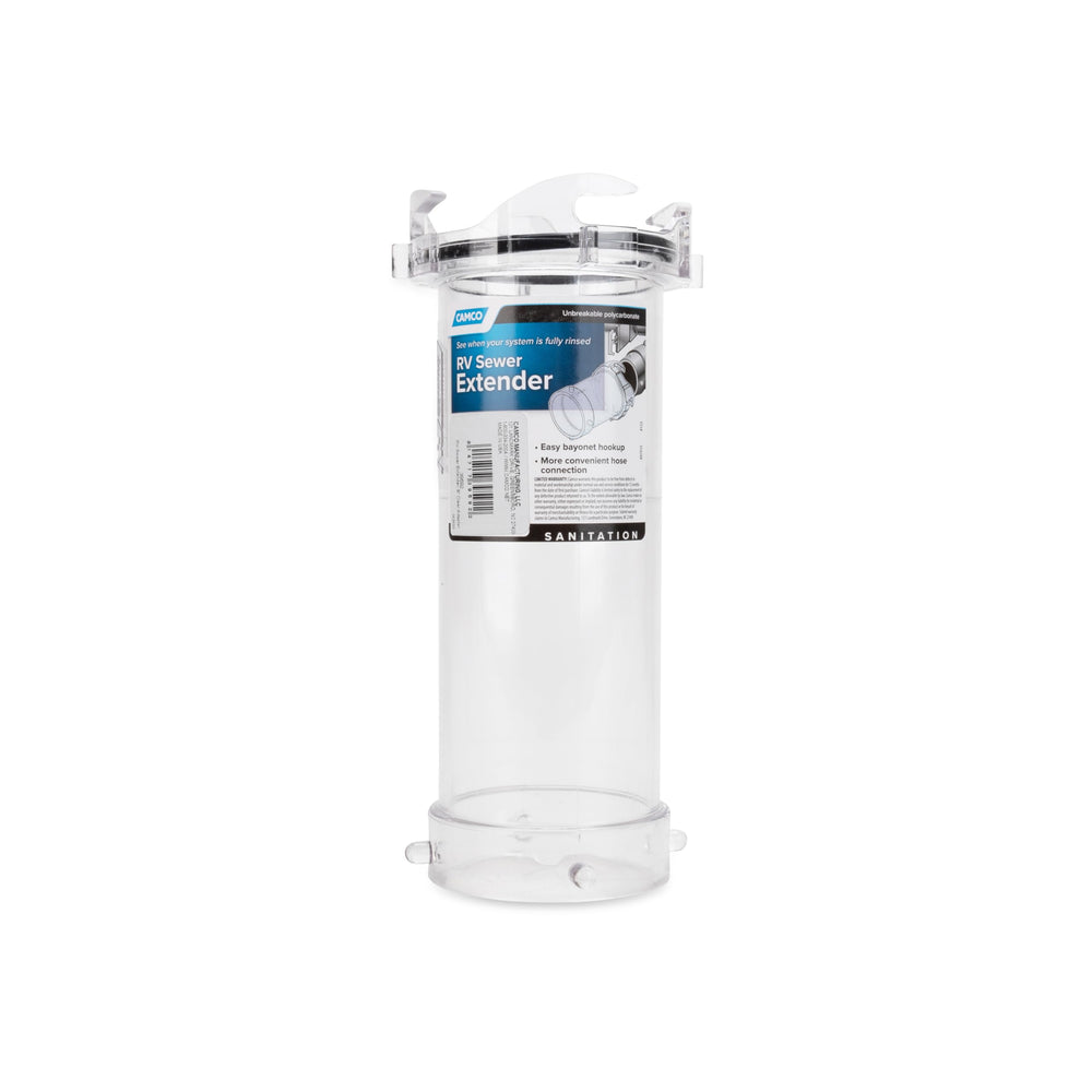 Camco front view of clear sewer adapter shows full length and easy hookup benefit