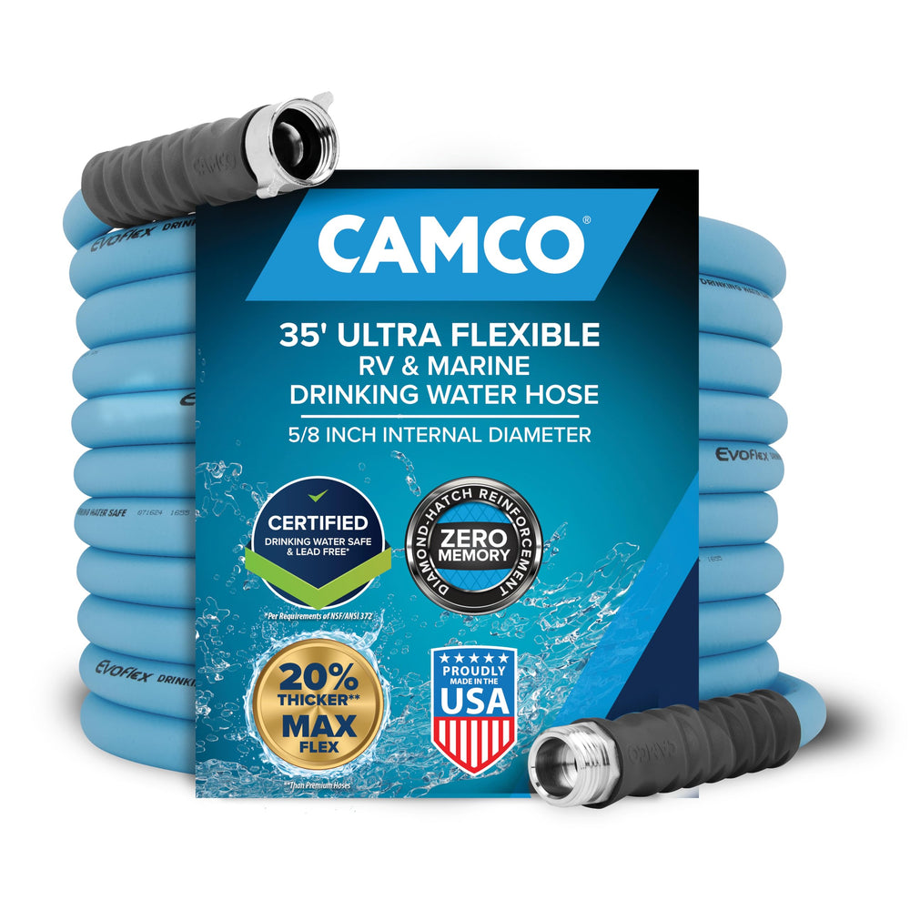 Camco EvoFlex front packaging showing hose and key features for safe water