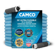 Camco EvoFlex front packaging showing hose and key features for safe water