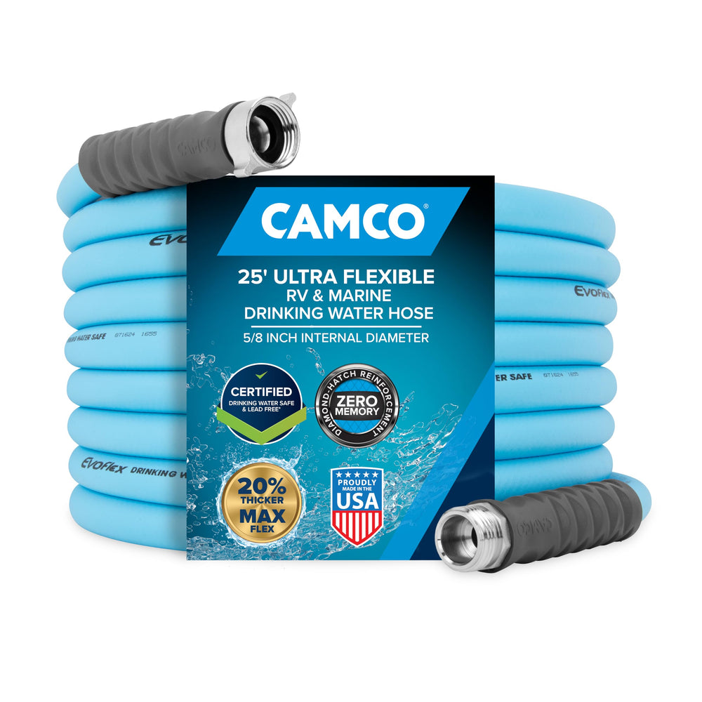 Camco EVOFlex front packaging showing hose and brand benefits for safe water