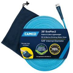 Camco EvoFlex2 front view showing compact, travel-ready hose and benefits