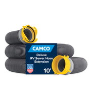 Camco front view of Deluxe 10' sewer hose extension showing compact packaging and readiness