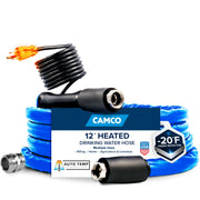 Camco front packaging showing heated water hose benefits and specs