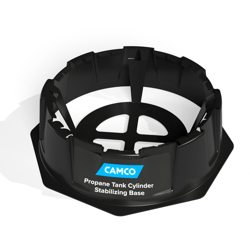 Camco stabilizing base front view showing compact design and durable build benefits