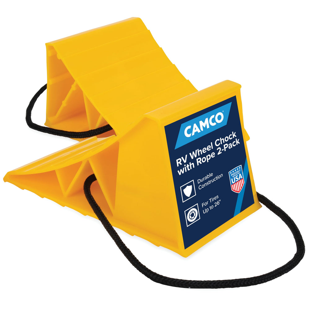 Camco front view packaging showing two chocks and benefits of secure stabilization