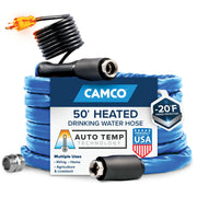 Camco heated hose front view showing full 50ft length and blue jacket for easy setup