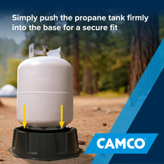 Camco stabilizer installed in RV compartment securing propane tank during travel