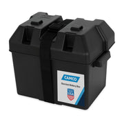 Camco front view of heavy-duty battery box showing secure lid and durable body benefit safety