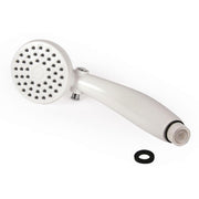 Camco front view of shower head showing compact design and quick rinse benefit