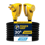 Camco Power Grip front view showing plug and durable jacket for reliable outdoor power