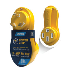 Camco Power Grip front view showing plug face and secure fit benefit