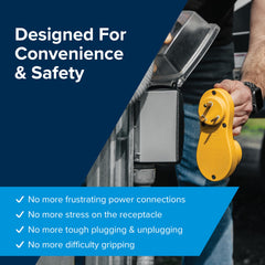 Camco Power Grip handle close-up showing ergonomic grip for safer handling