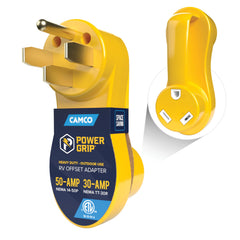Camco Power Grip front view showing plug and inlet, easing campground hookups