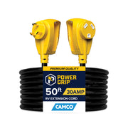Camco PowerGrip front view showing full 50ft cord and connectors for reliable power
