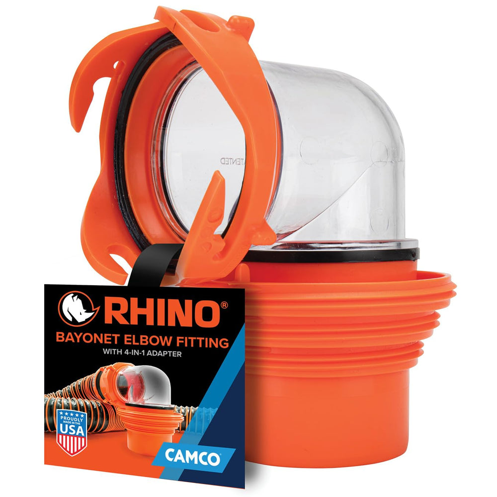 Camco Rhino clear elbow front view showing secure connection and quick docking benefit