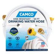 Camco front view of 50ft potable hose showing length and labeling for reliable water