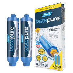 Camco front view of Tastepure filter showing compact inline housing and easy install benefit