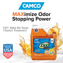 Camco pouring TST MAX showing easy dosing and waste breakdown benefit