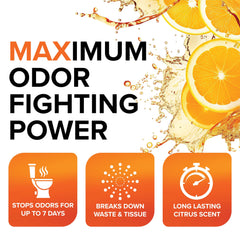Camco TST MAX being added to an RV toilet demonstrating odor control benefit