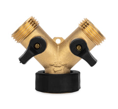 Camco wye valve front view showing dual outlets and durable brass body benefit: reliable splitting
