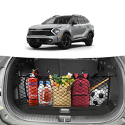 Canvcle trunk cargo net front view installed in Kia Sportage showing secure fit