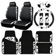 CAR-PASS front seat covers showing cow print and snug fit benefit