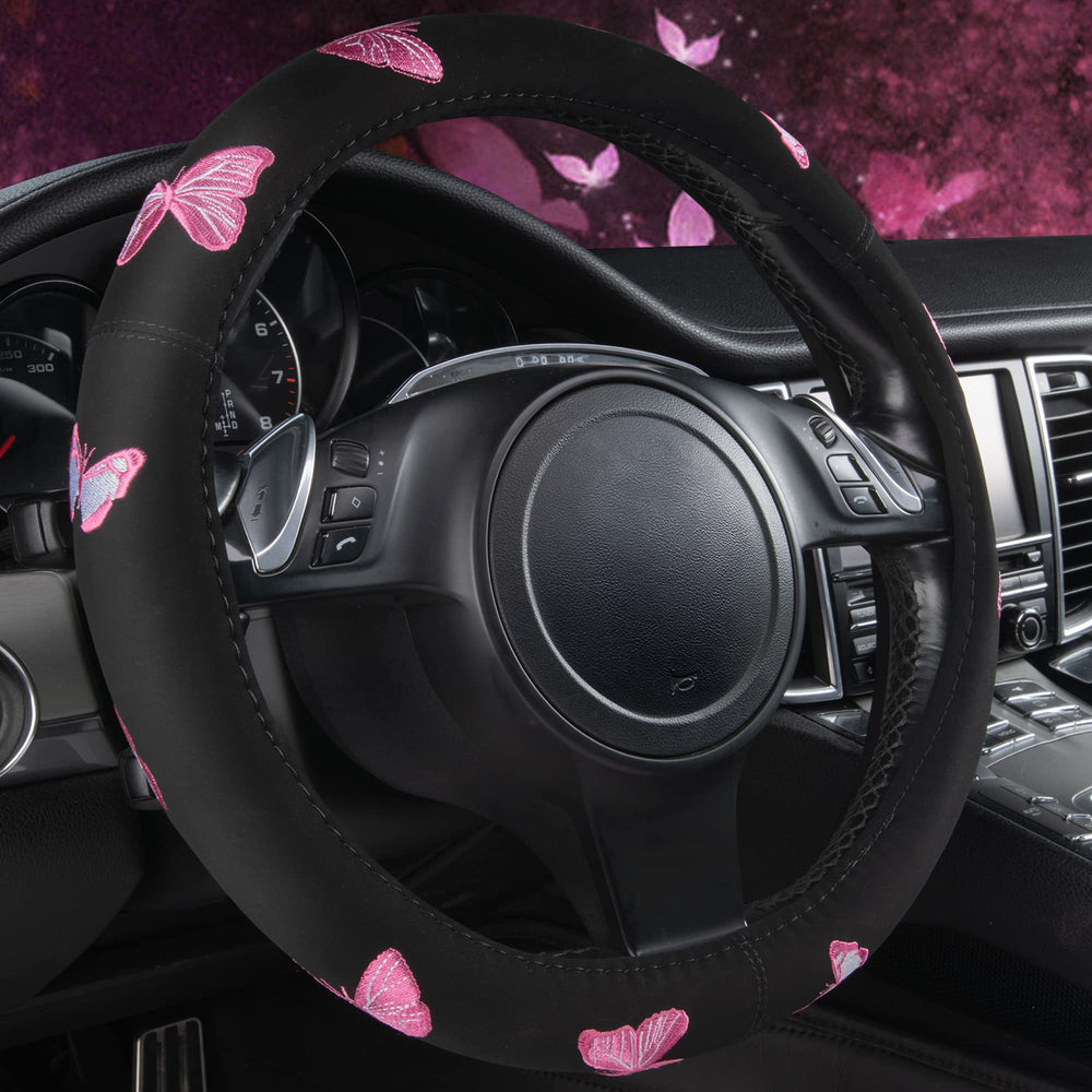 CAR PASS front view of pink butterfly steering wheel cover showing design and fit
