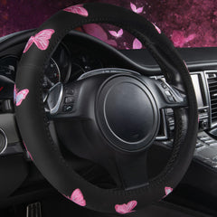 CAR PASS front view of pink butterfly steering wheel cover showing design and fit