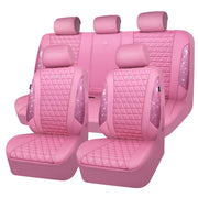 CAR PASS front seat cover set in pink showing full packaged kit and benefit of complete protection