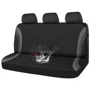 CAR PASS front view of gray and black bench cover showing full rear protection and style