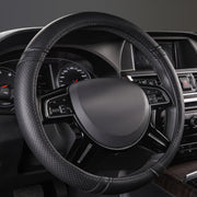CAR PASS front view of black steering wheel cover highlighting sleek look and protection