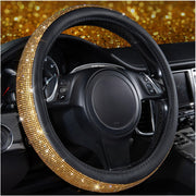 CAR PASS golden steering wheel cover front view showing sparkling rhinestones and gold shine