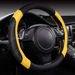 CAR PASS front view of steering wheel cover showing sporty black-yellow design and fit benefit