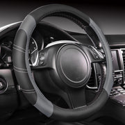 CAR PASS front view of steering wheel cover showing sporty black-gray finish and fit benefit