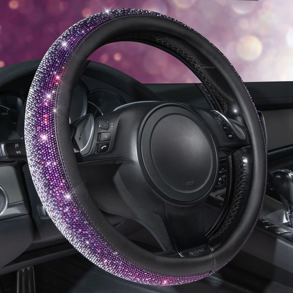 CAR PASS front view of purple silver steering wheel cover showing sparkle and design