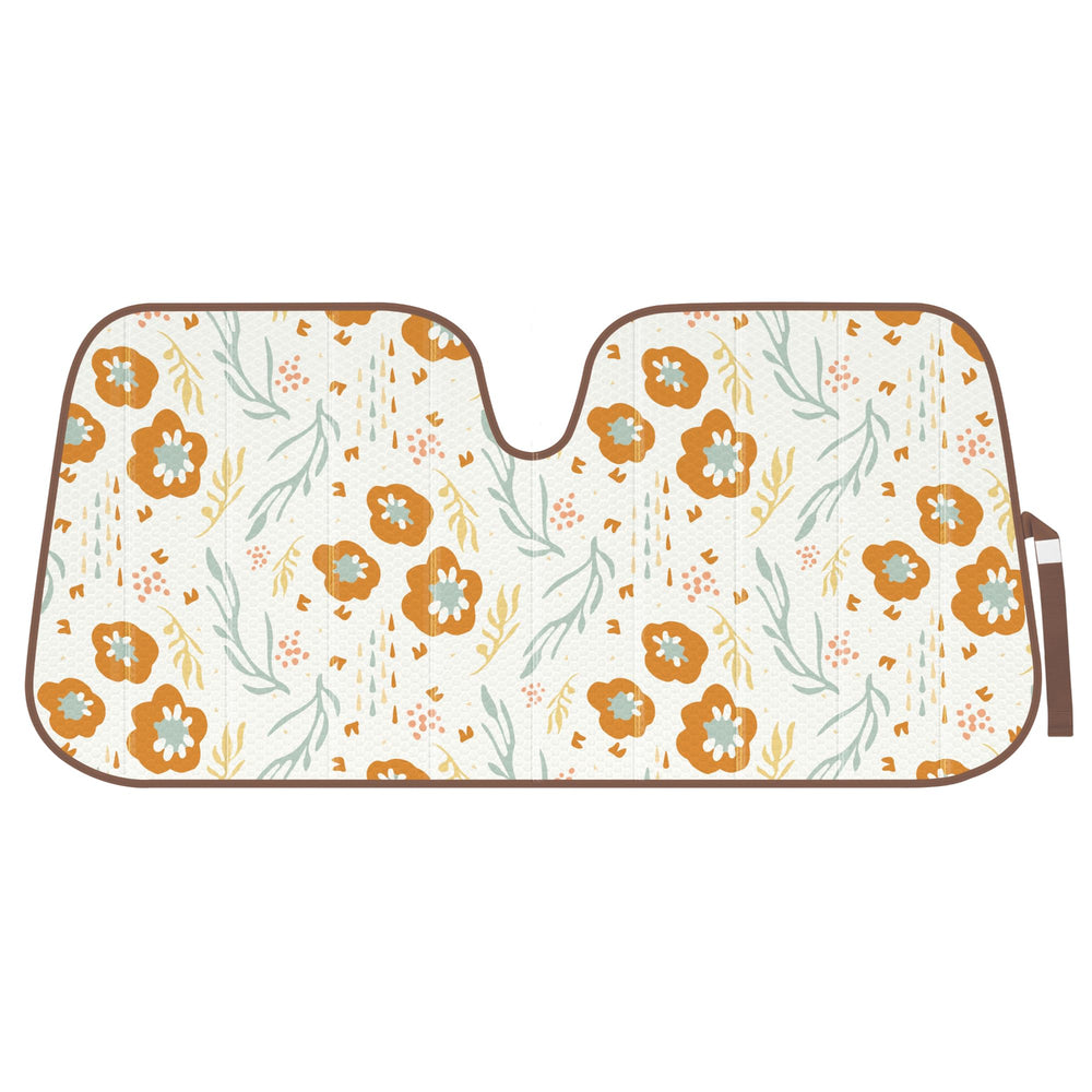 Carbella front view of orange floral sun shade showing full design and UV defense