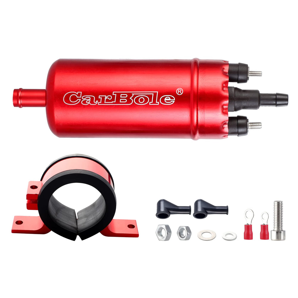 CarBole external pump front view showing compact red housing and mounting clamp benefit