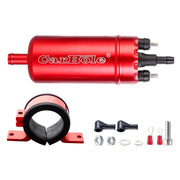 CarBole external pump front view showing compact red housing and mounting clamp benefit