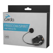 Cardo half helmet kit front packaging showing components and compatibility benefits