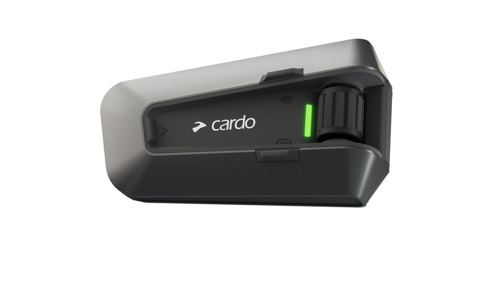 Cardo PACKTALK Edge front profile showing compact design and durable finish for reliability