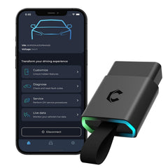 Carista EVO front view showing compact Bluetooth OBD2 adapter and LED indicator benefits diagnostics