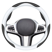 Carodi steering wheel cover front view showing sleek black-and-white design and improved aesthetics